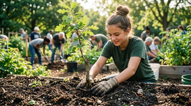 Young hands carefully pressing dark soil around a sapling's roots in a community garden, morning sunlight filtering through fresh green leaves, multiple volunteers in the