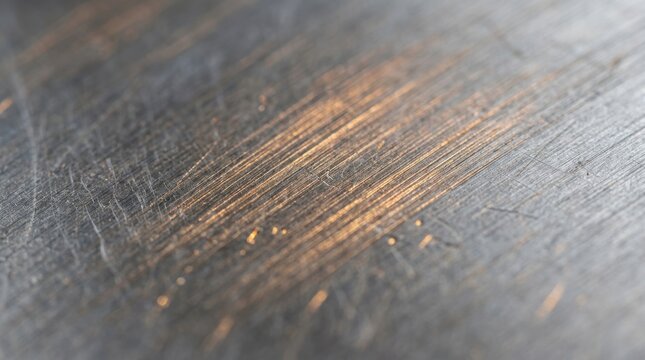 Close-up of brushed aluminum surface with fine parallel scratches catching directional light, shallow depth of field focusing on texture detail, warm light glinting across ridges