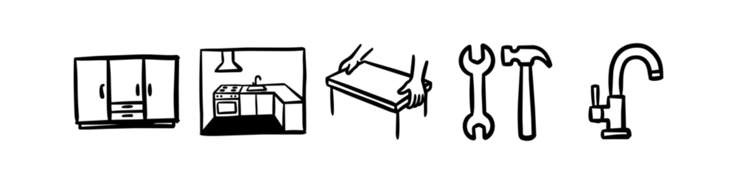 Set of hand-drawn doodle icons for furniture assembly and kitchen renovation. Features minimalist line art of cabinets, tools, faucet, and table assembly for DIY and home improvement concepts.