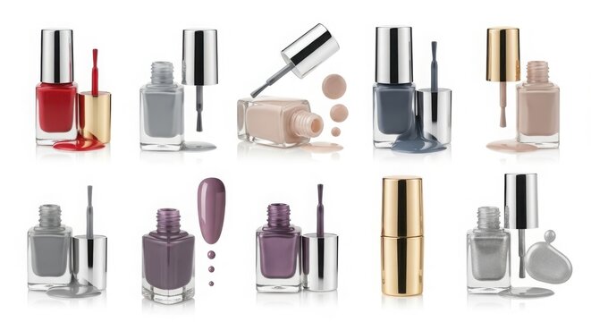 Professional nail polish collection, assorted colorful lacquer bottles with brushes, luxury manicure and pedicure beauty products set isolated on White Background