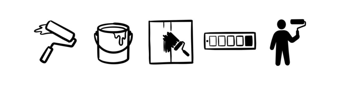 Set of hand-drawn painting and home renovation icons featuring a paint roller, paint can, color swatches, and a painter silhouette. Perfect for DIY, decorating, and construction projects.