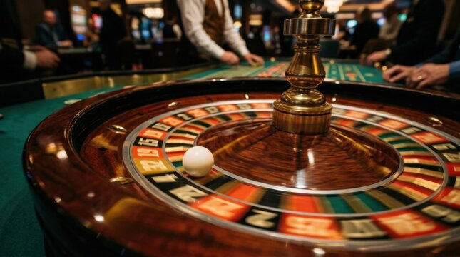 Close-up of an ornate roulette wheel mid-spin, the ball caught in sharp focus as it bounces along the numbered pockets, blurred wheel spinning rapidly behind it, dramatic casino