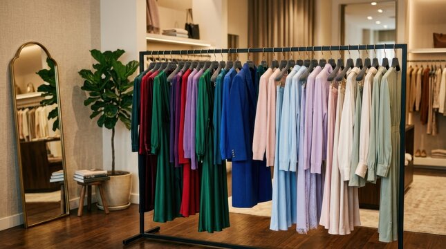 Boutique clothing rack with elegantly draped fashion pieces in jewel tones and pastels, sleek black metal frame structure supporting premium garments on velvet hangers, soft