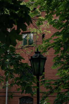 Lantern in the park around institutional building. 
