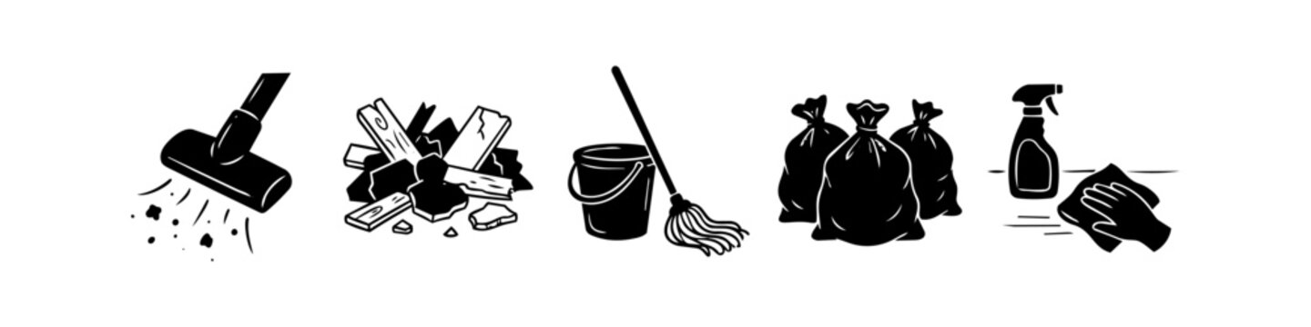 Set of black and white icons illustrating post-construction cleaning steps: vacuuming dust, clearing rubble, mopping, garbage removal, and surface disinfecting.