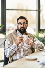 Obraz premium Confident adult man enjoying coffee in a modern office setting with natural light