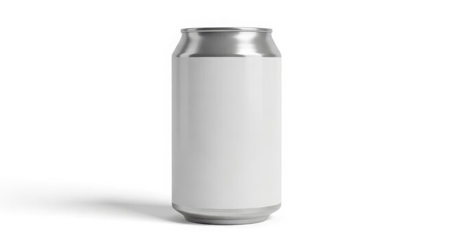 Blank aluminum soda can with white label mockup, matte silver beverage tin for branding, realistic metal drink container for product design isolated on White Background