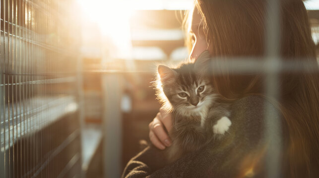 Person hugging a small tabby kitten, fostering emotional bond and care at an animal shelter with soft lighting