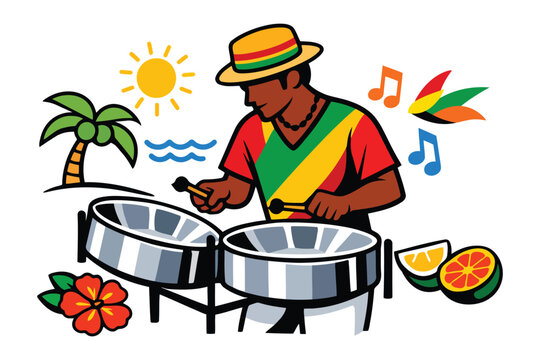 A vibrant cartoon illustration of a joyful man playing steel drums in a tropical island setting