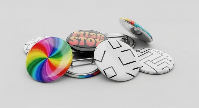 Retro pinback buttons with colorful designs, vintage metal pin badges collection, assorted round lapel pins with rainbow and geometric patterns isolated on White Background