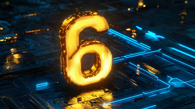 A glowing golden number 6 with intricate digital circuit background, showcasing futuristic tech and electronic design aesthetics.