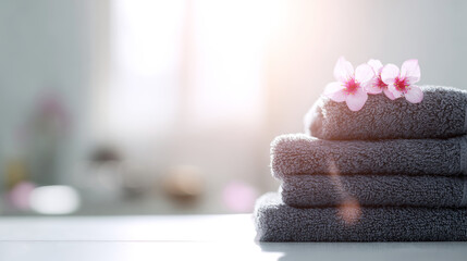 Stack of clean dark gray spa towels with delicate pink flowers placed in a bright bathroom setting