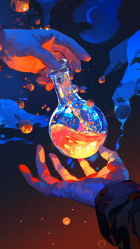Colorful Alchemy Flask in Hands with Bubbles