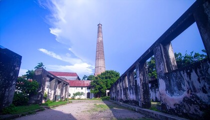 Obraz premium Abandoned industrial factory ruins with tall chimney, old brick structures and overgrown vegetation under blue sky, urban decay and heritage architecture concept AI Generative