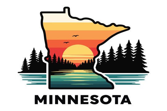 A stylized graphic illustration of the state of minnesota featuring a beautiful sunset scene