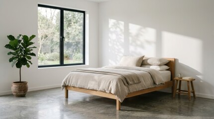 Naklejka premium Serene bedroom with white walls, a single wooden platform bed with neutral linen, soft natural light streaming through a large window casting geometric shadows, one potted plant in