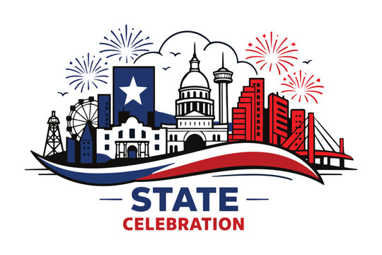 A stylized illustration celebrating the landmarks of texas with fireworks and festive colors
