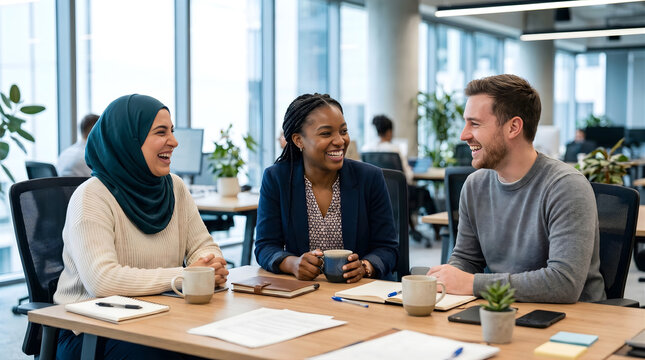 Diverse coworkers laughing together in modern office, teamwork, workplace culture and inclusion concept