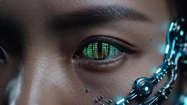 Intense futuristic cyborg womans eye reflecting digital code, close up on advanced cybernetic tech augmentation connected to everything