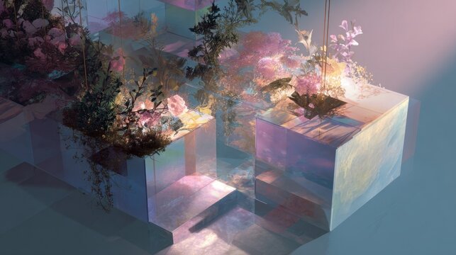 An isometric, colossal diorama suspended over a velvet void, transparent prisms bending sunlight into a radiant spectrum; a tranquil, layered scene unfolds across floating planes with soft textures,