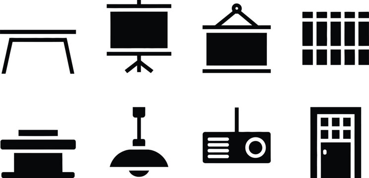 Collection of eight black icons representing office and classroom objects