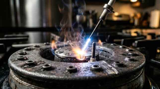 Extreme close-up of single gas burner ignition moment, spark electrode creating glowing point of contact against fuel stream, millisecond before full flame eruption, fine details