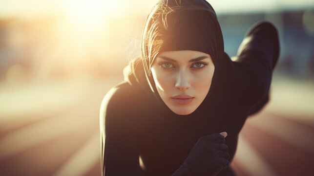 Athletic Muslim woman preparing to sprint on track at sunset -  