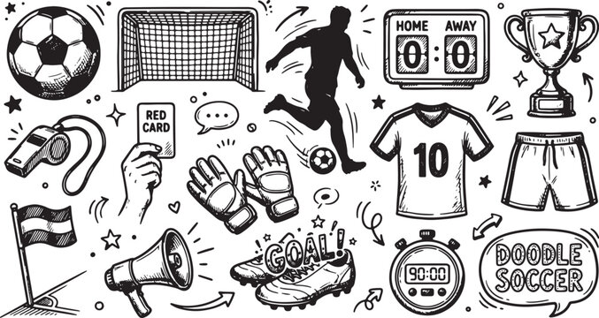 Hand-Drawn Soccer Doodle Elements Collection Vector Illustration for Sports Design Projects