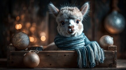 Fototapeta premium Alpaca Wearing Scarf Sitting Inside Decorated Wooden Box with Ornaments