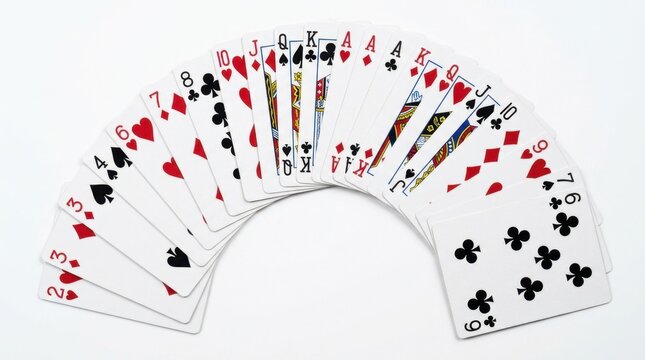 Multiple playing cards fanned out in a sweeping arc formation against white isolation, each card slightly overlapping the next with visible suit symbols and corner indices clearly