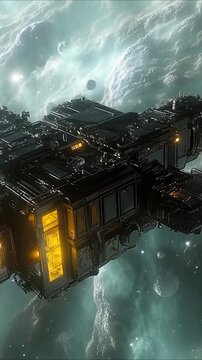 A space station is located on the surface of a planet, surrounded by nature vertical frame