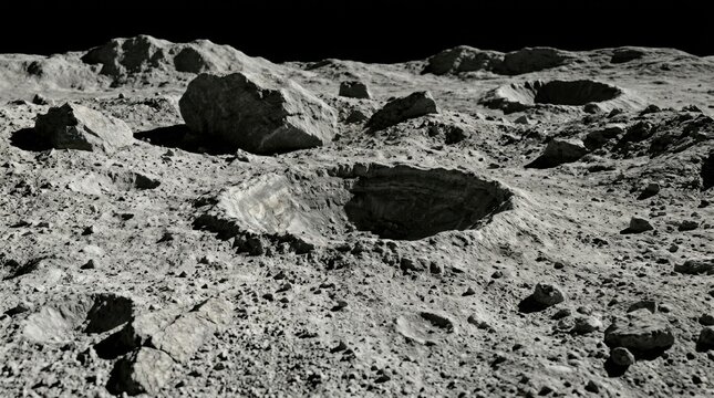 Detailed close-up of moon surface texture showing regolith granules, ancient impact craters with layered geological formations, large boulders half-buried in powdery gray soil,