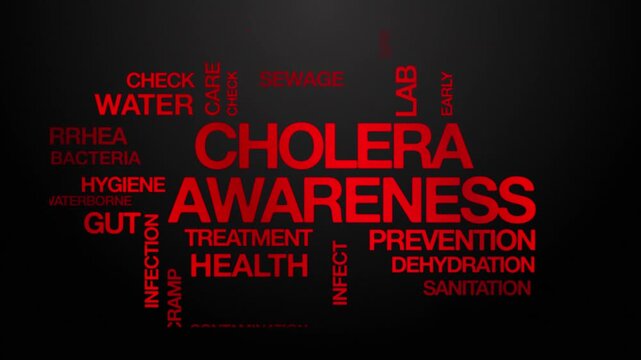 cholera awareness concept Animated Tag Word Cloud kinetic typography, Text Design Animation typography seamless loop video motion graphics Intro Wordart red type on black background bg backdrop campai