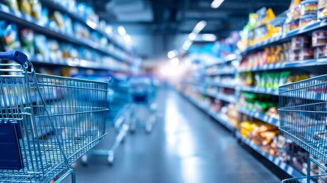 Aisle in Grocery Store Filled with Packaged Goods on Both Sides