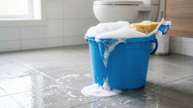A bright cleaning bucket filled with thick white foam and soapy water, bubbles overflowing gently over the rim, sponge and cleaning brush resting on the edge, clean tiled floor