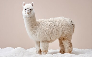 Fototapeta premium Alpaca Standing on Soft Surface Filled with Ivory Granules in Neutral Background
