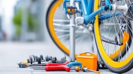 Fototapeta premium Bicycle Repair Setup with Inverted Frame and Various Tools on Floor
