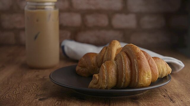 cold brew coffee or lattte, iced coffee, frappe served in a glass with pastries or croisssants on a wooden table with a rustic brick wall in the background. 