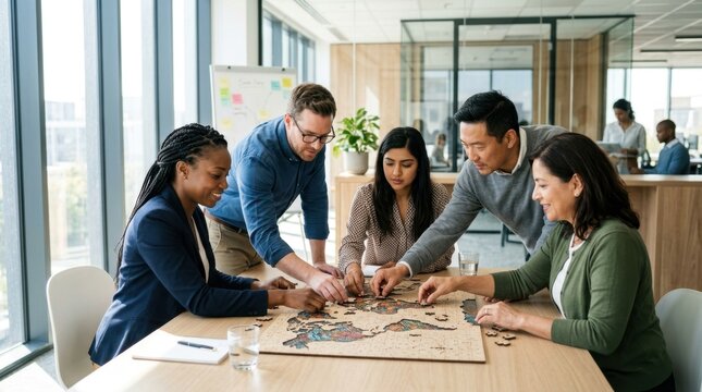Five diverse professionals assembling a wooden puzzle together around a bright conference table, each person focused on placing individual pieces, hands reaching toward the center