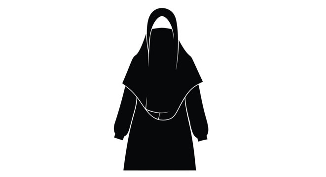 Simple black silhouette icon of a modest woman wearing a traditional hijab head covering for design