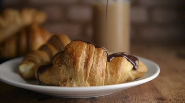 cold brew coffee or lattte, iced coffee, frappe served in a glass with pastries or croisssants on a wooden table with a rustic brick wall in the background. 