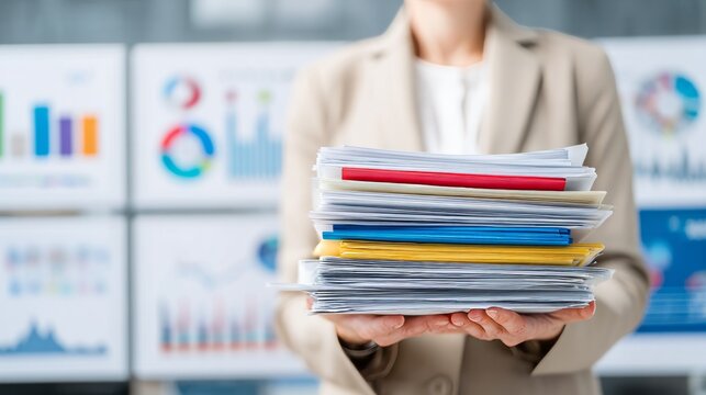 Consultant in Beige Formal Attire Holding a Stack of Papers in Office