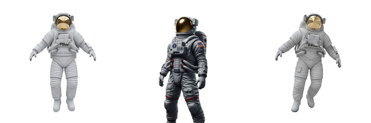 Fototapeta premium Set of Realistic Astronaut Figures in Space Suits Isolated on White Background - 3D Renderings of Spacemen for Science Fiction, Education, Aerospace Projects, and Galactic Exploration