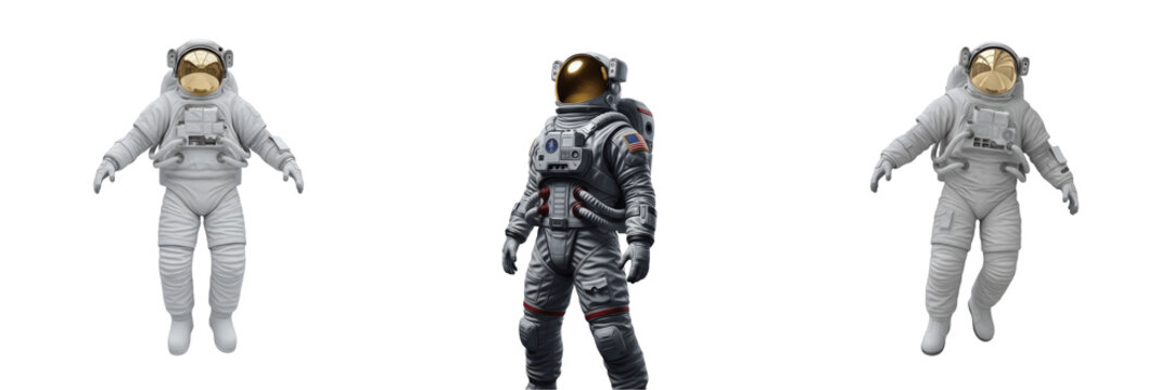 Set of Realistic Astronaut Figures in Space Suits Isolated on White Background - 3D Renderings of Spacemen for Science Fiction, Education, Aerospace Projects, and Galactic Exploration