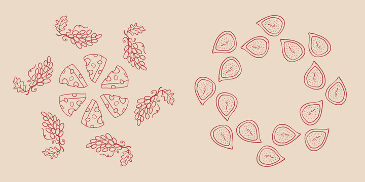 Hand drawn Food Wreath vector line art collection with cheese slices, grape bunches and fresh fig halves. Organic food elements for wine party and menu design.
