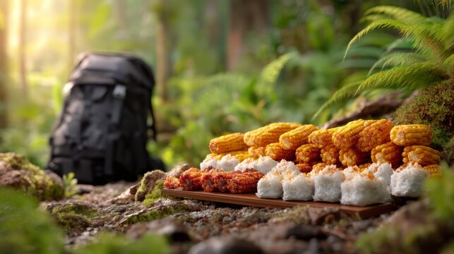 Roasted Corn and Rice Delights on a Wooden Platter in Nature Setting