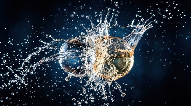 Collision of two liquid spheres meeting head-on creating a massive splash dome, translucent water or oil droplets suspended in mid-explosion, intricate surface tension patterns