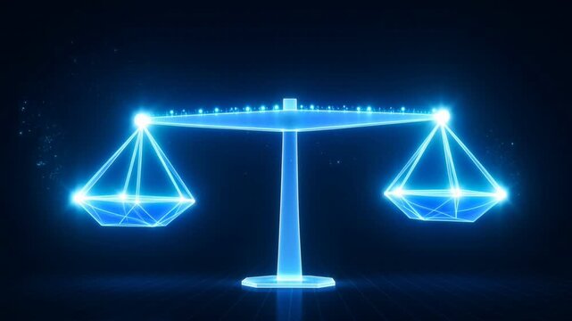 Justice's Digital Blueprint: A captivating digital rendition of balanced scales glows against a dark background, symbolizing fairness and legal precision.