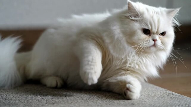 Elegant Persian Cat: A regal Persian cat with a pristine white coat struts across a soft surface, its expressive eyes and elegant posture capturing the essence of feline grace and sophistication.