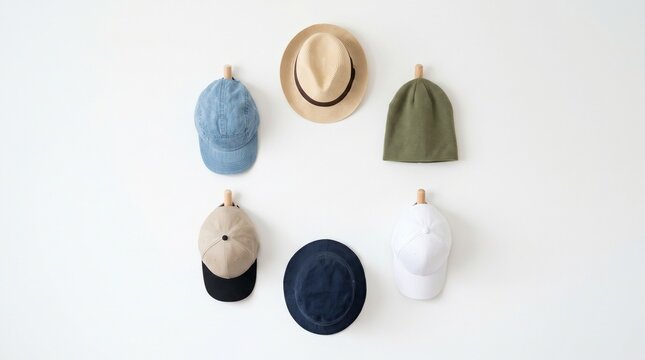 Six hats in circular wall display, mix of fedoras and baseball caps, varied colors and textures, minimalist arrangement.